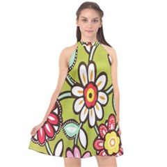 Flowers Fabrics Floral Design Halter Neckline Chiffon Dress 