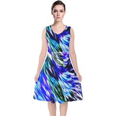 Abstract Background Blue White V-neck Midi Sleeveless Dress 