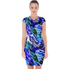 Abstract Background Blue White Capsleeve Drawstring Dress 