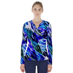 Abstract Background Blue White V-neck Long Sleeve Top