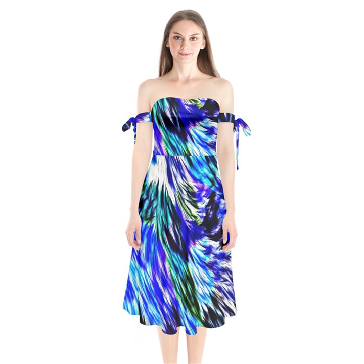 Abstract Background Blue White Shoulder Tie Bardot Midi Dress