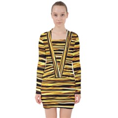 Texture Wood Wood Texture Wooden V-neck Bodycon Long Sleeve Dress