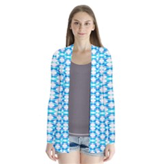 Fabric Geometric Aqua Crescents Drape Collar Cardigan