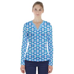 Fabric Geometric Aqua Crescents V-neck Long Sleeve Top