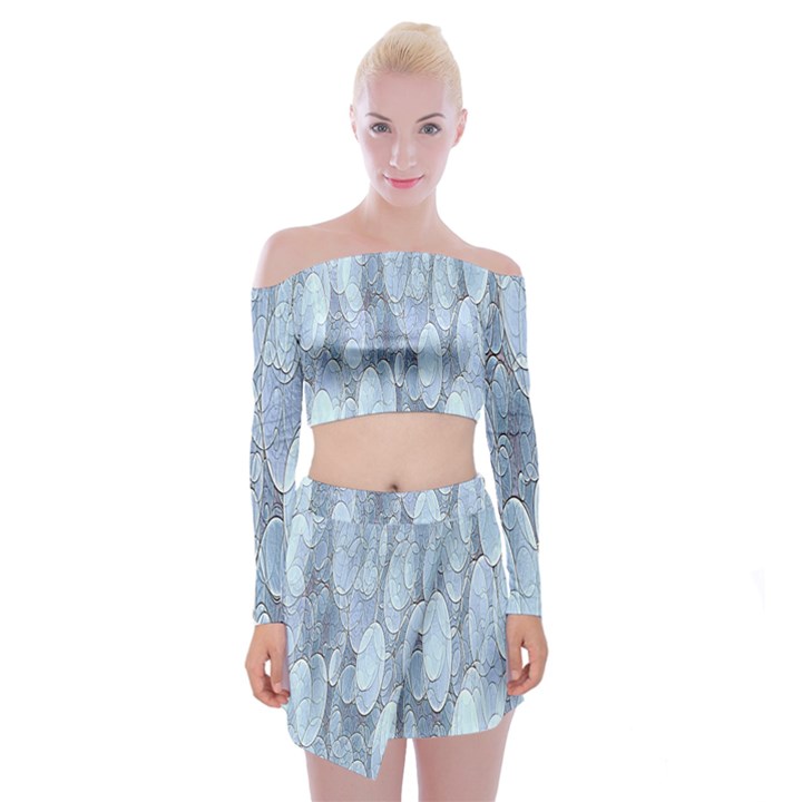 Bubbles Texture Blue Shades Off Shoulder Top with Mini Skirt Set