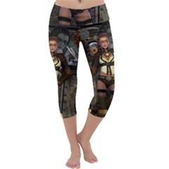 Steampunk, Steampunk Women With Clocks And Gears Capri Yoga Leggings by FantasyWorld7