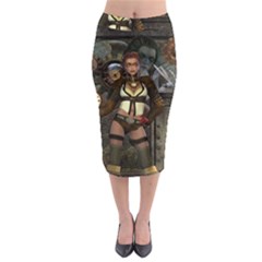 Steampunk, Steampunk Women With Clocks And Gears Midi Pencil Skirt by FantasyWorld7