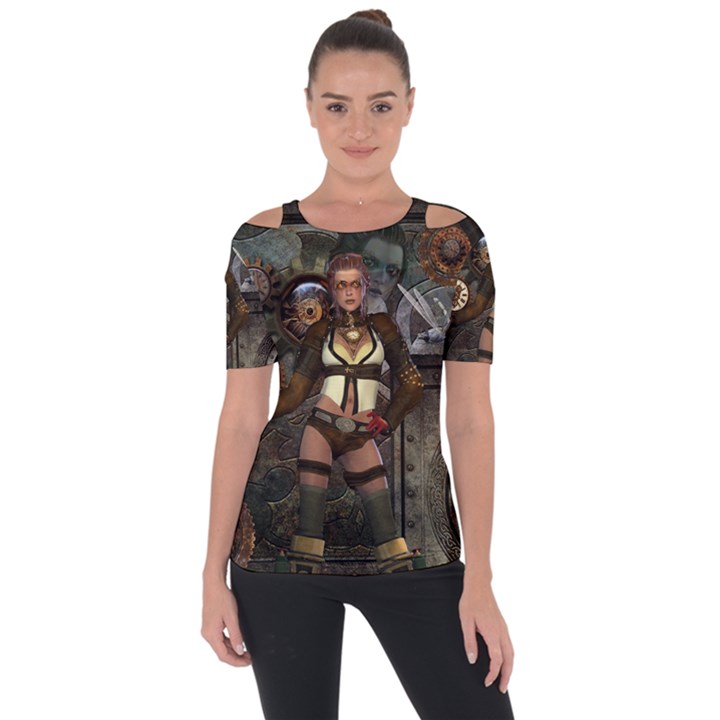 Steampunk, Steampunk Women With Clocks And Gears Short Sleeve Top