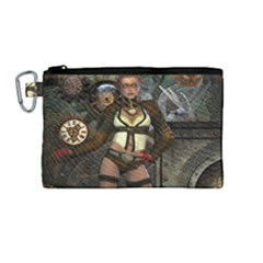 Steampunk, Steampunk Women With Clocks And Gears Canvas Cosmetic Bag (medium)