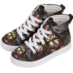 Steampunk, Steampunk Women With Clocks And Gears Kid s Hi-top Skate Sneakers by FantasyWorld7