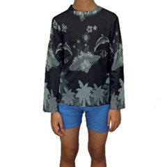 Surfboard With Dolphin, Flowers, Palm And Turtle Kids  Long Sleeve Swimwear by FantasyWorld7