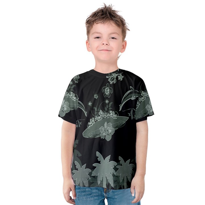 Surfboard With Dolphin, Flowers, Palm And Turtle Kids  Cotton Tee