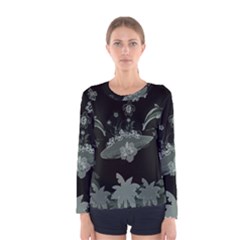 Surfboard With Dolphin, Flowers, Palm And Turtle Women s Long Sleeve Tee