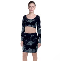 Surfboard With Dolphin, Flowers, Palm And Turtle Long Sleeve Crop Top & Bodycon Skirt Set