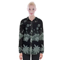 Surfboard With Dolphin, Flowers, Palm And Turtle Womens Long Sleeve Shirt