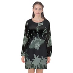 Surfboard With Dolphin, Flowers, Palm And Turtle Long Sleeve Chiffon Shift Dress  by FantasyWorld7