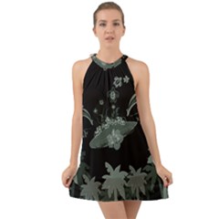 Surfboard With Dolphin, Flowers, Palm And Turtle Halter Tie Back Chiffon Dress