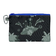 Surfboard With Dolphin, Flowers, Palm And Turtle Canvas Cosmetic Bag (large)