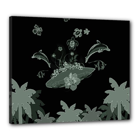 Surfboard With Dolphin, Flowers, Palm And Turtle Canvas 24  X 20  by FantasyWorld7