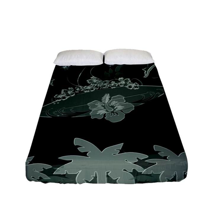 Surfboard With Dolphin, Flowers, Palm And Turtle Fitted Sheet (Full/ Double Size)