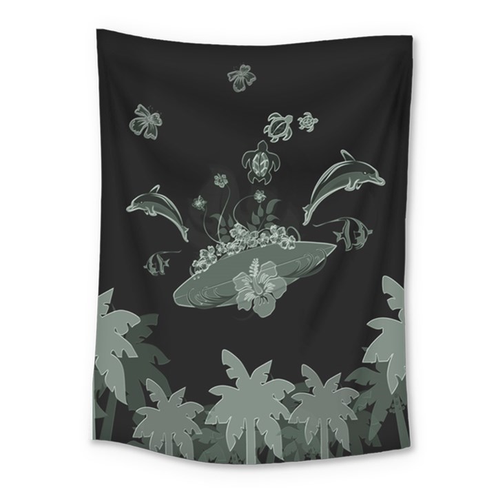 Surfboard With Dolphin, Flowers, Palm And Turtle Medium Tapestry