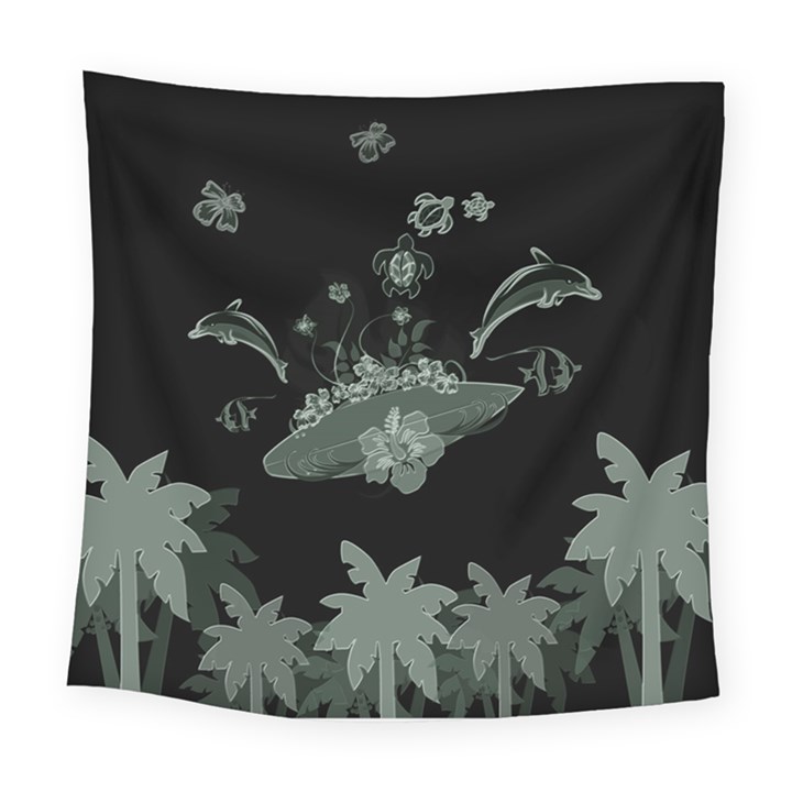 Surfboard With Dolphin, Flowers, Palm And Turtle Square Tapestry (Large)