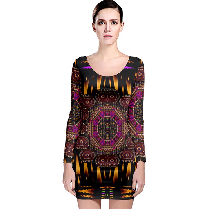 A Flaming Star Is Born On The  Metal Sky Long Sleeve Bodycon Dress