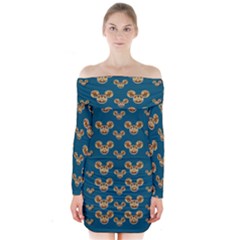 Cartoon Animals In Gold And Silver Gift Decorations Long Sleeve Off Shoulder Dress by pepitasart