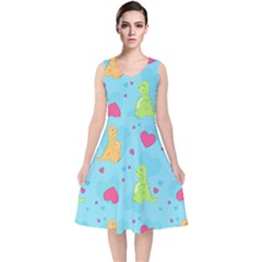 Dinosaur Love Pattern V-neck Midi Sleeveless Dress  by Bigfootshirtshop