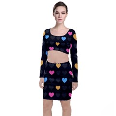 Emo Heart Pattern Long Sleeve Crop Top & Bodycon Skirt Set