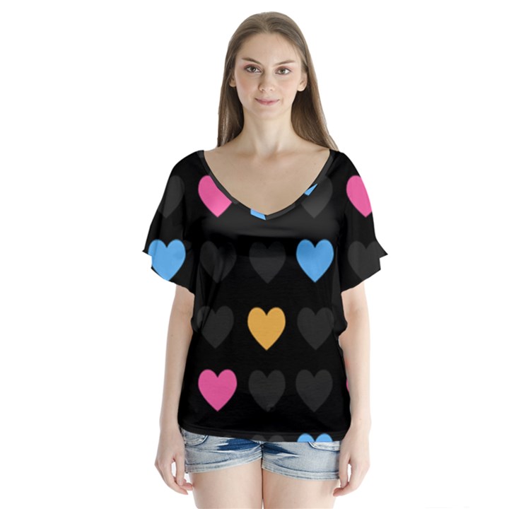 Emo Heart Pattern V-Neck Flutter Sleeve Top