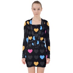 Emo Heart Pattern V-neck Bodycon Long Sleeve Dress