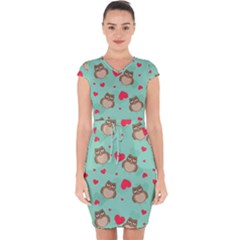 Owl Valentine s Day Pattern Capsleeve Drawstring Dress 