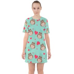 Owl Valentine s Day Pattern Sixties Short Sleeve Mini Dress