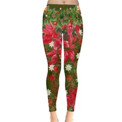 Olive & Red Poinsettia Florals Leggings  by PattyVilleDesigns