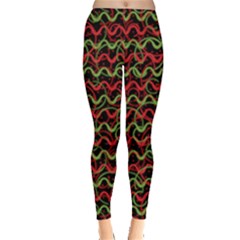 Red & Pale Green Hand Drawn Round Zigzag Leggings  by PattyVilleDesigns