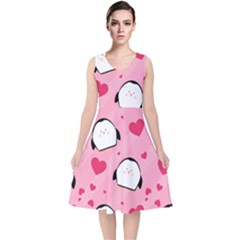 Penguin Love Pattern V-neck Midi Sleeveless Dress  by Bigfootshirtshop