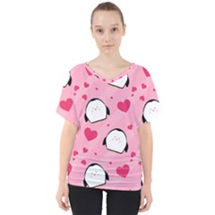 Penguin Love Pattern V-neck Dolman Drape Top