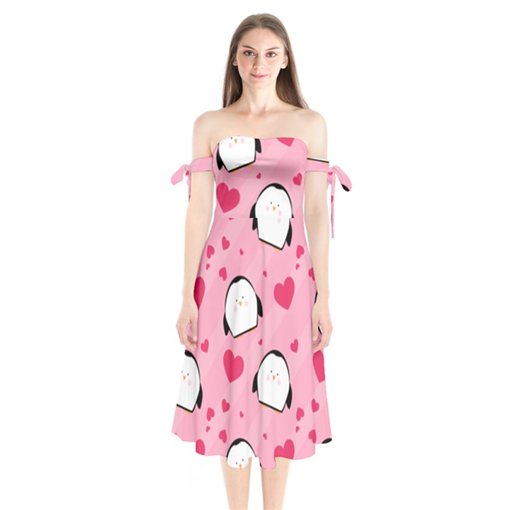 Penguin Love Pattern Shoulder Tie Bardot Midi Dress