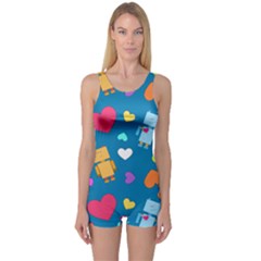 Robot Love Pattern One Piece Boyleg Swimsuit