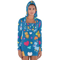 Robot Love Pattern Long Sleeve Hooded T-shirt