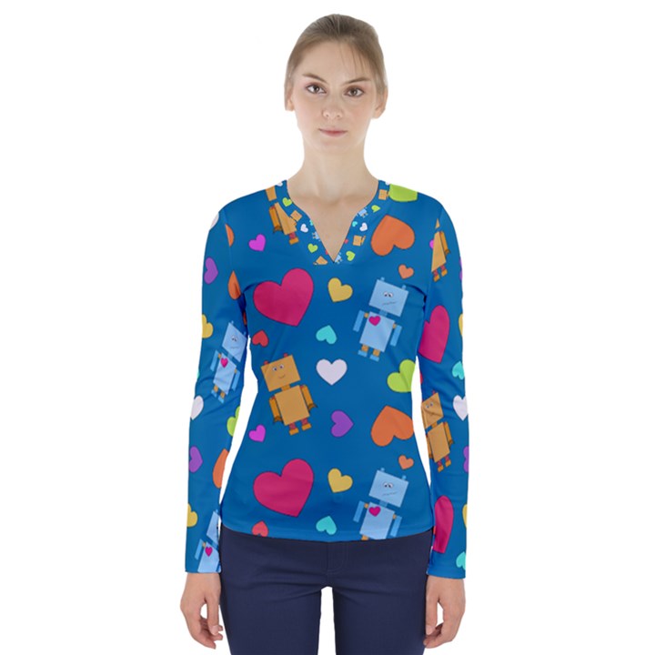 Robot Love Pattern V-Neck Long Sleeve Top