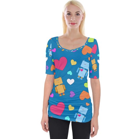 Robot Love Pattern Wide Neckline Tee by Bigfootshirtshop