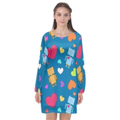 Robot Love Pattern Long Sleeve Chiffon Shift Dress 