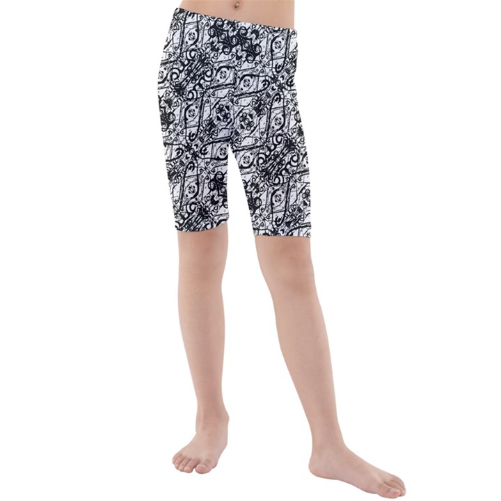 Black and White Ornate Pattern Kids  Mid Length Swim Shorts