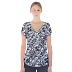 Black And White Ornate Pattern Short Sleeve Front Detail Top by dflcprints