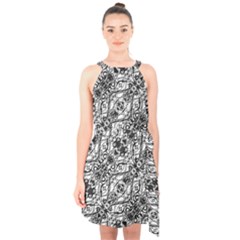 Black And White Ornate Pattern Halter Collar Waist Tie Chiffon Dress by dflcprints