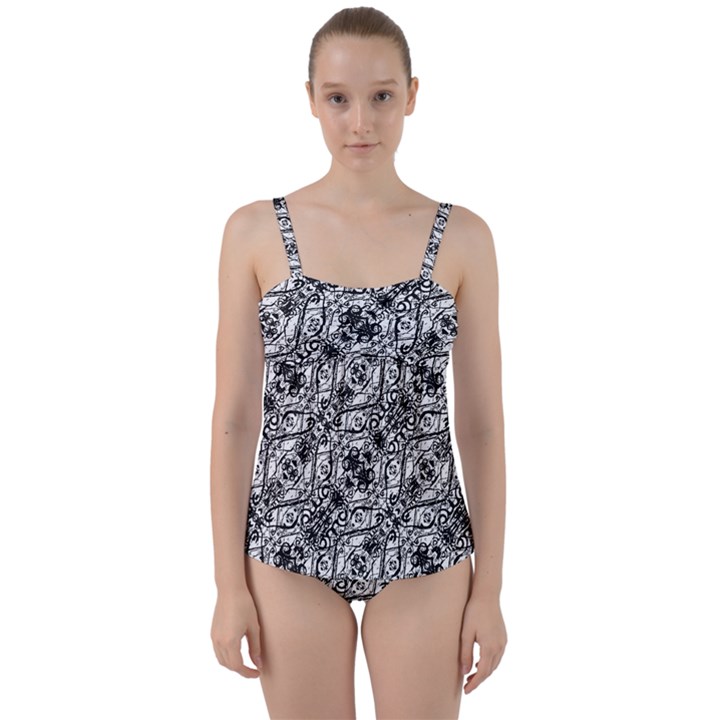 Black and White Ornate Pattern Twist Front Tankini Set