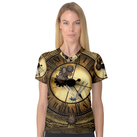 Wonderful Steampunk Desisgn, Clocks And Gears V-neck Sport Mesh Tee by FantasyWorld7