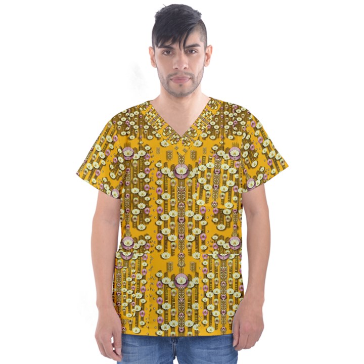 Rain Showers In The Rain Forest Of Bloom And Decorative Liana Men s V-Neck Scrub Top